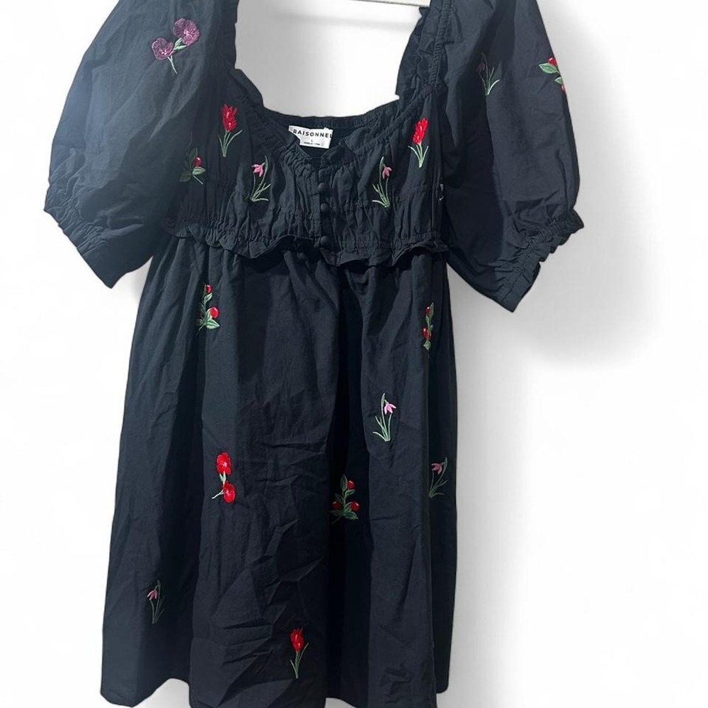 Raisonnel Dress Womens Large Black Floral Embroidered Puff Sleeve Mini New